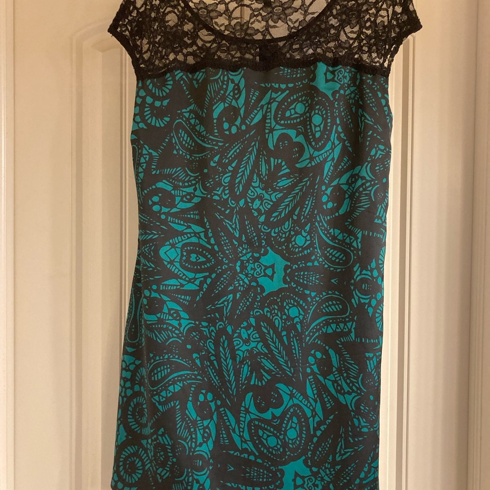 New Express Black lace  dress with cap sleeves ,and green/black prints
